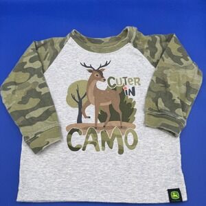 John Deere 2T Cuter In Camo Deer Raglan T-Shirt Long Sleeve Hunting Farm Country